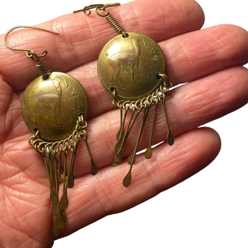 Vintage Peruvian llama 1/2 Sol coin boho earrings.